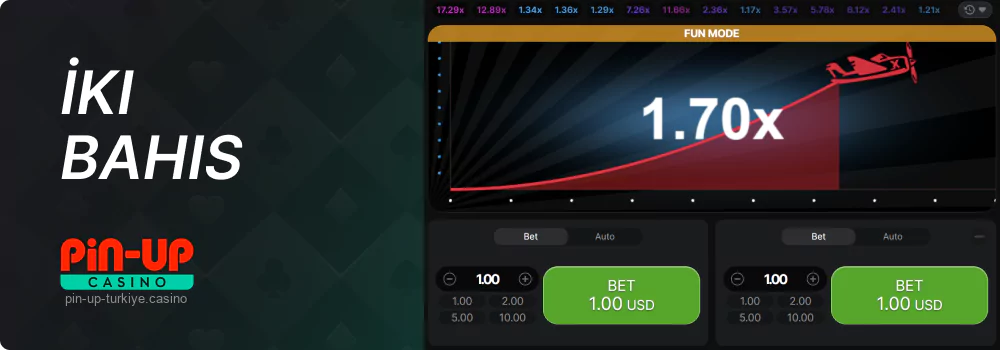 Pin Up Aviator oyuncuları aynı tur içerisinde iki ayrı bahis yapma seçeneğine sahiptir