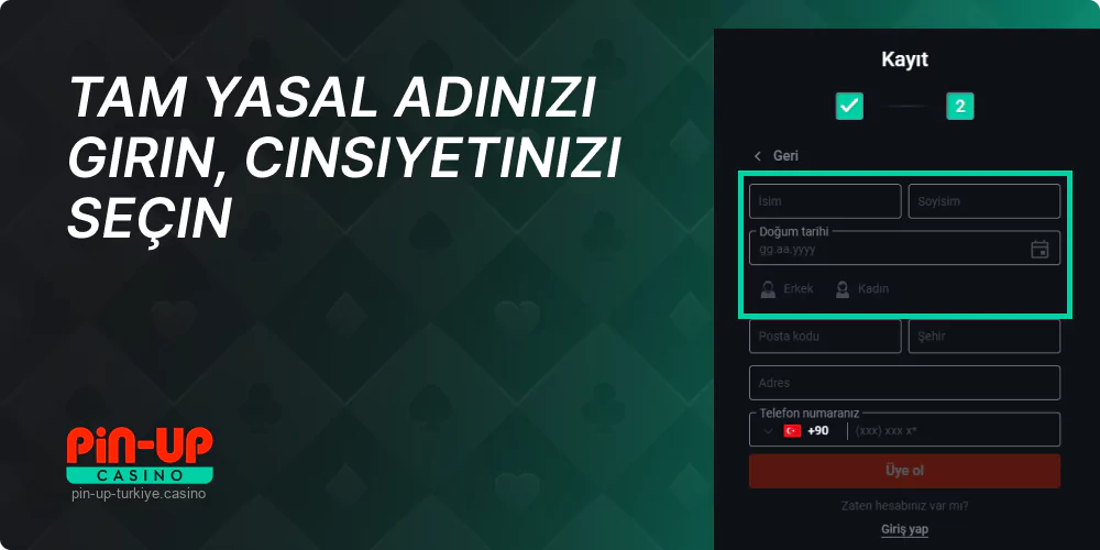 Pin Up kayıt formundaki alanları doldurun